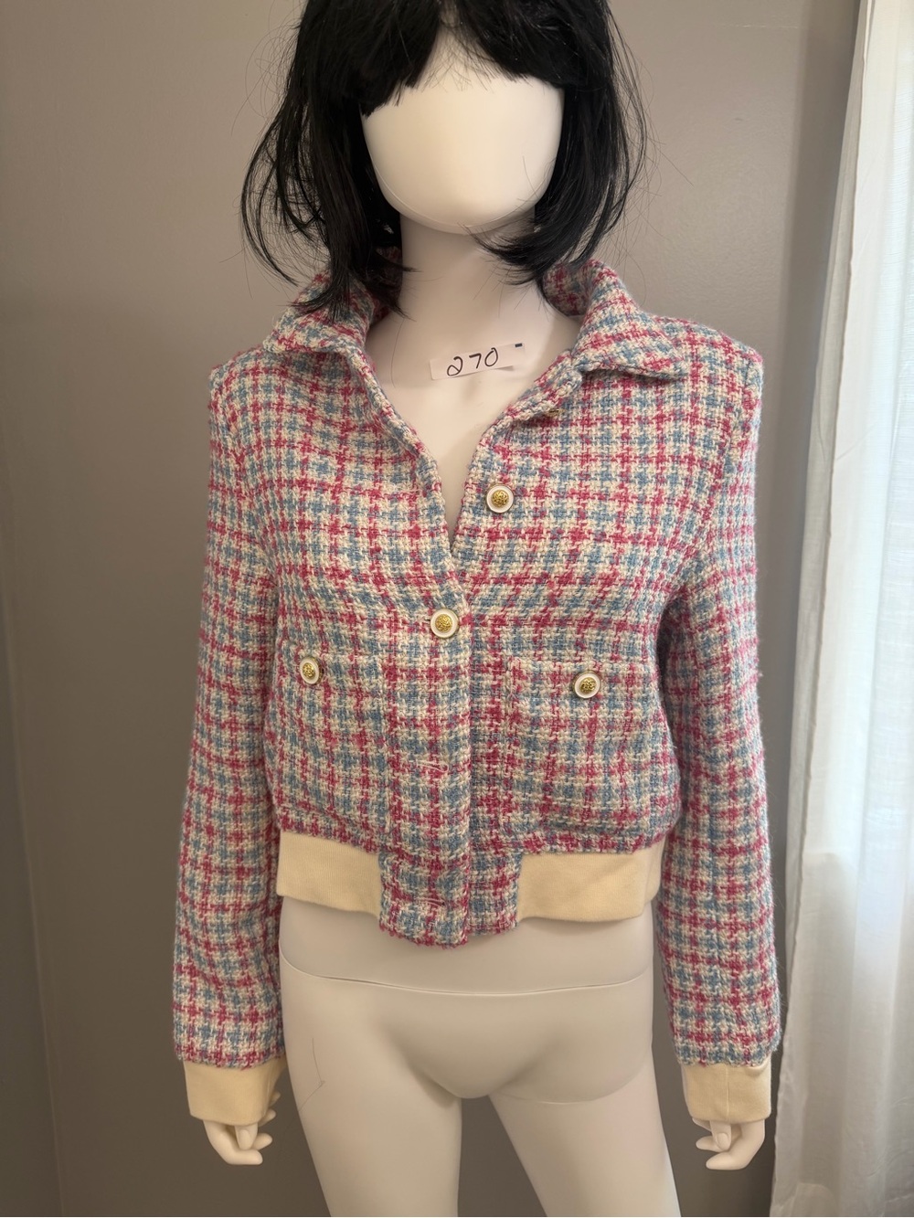 Pink Multi-Color Tweed Cropped Blazer with Cream Trim